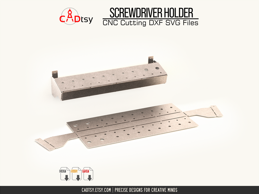 Assembled screwdriver rack above its one-piece flat cutting pattern