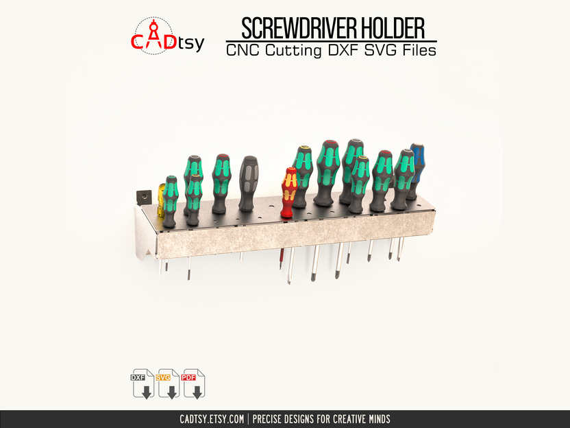 Front view of wall-mounted rack holding multiple screwdrivers