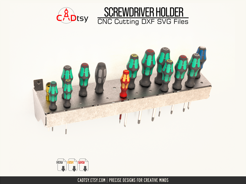 Wide front view of wall-mounted screwdriver storage rack
