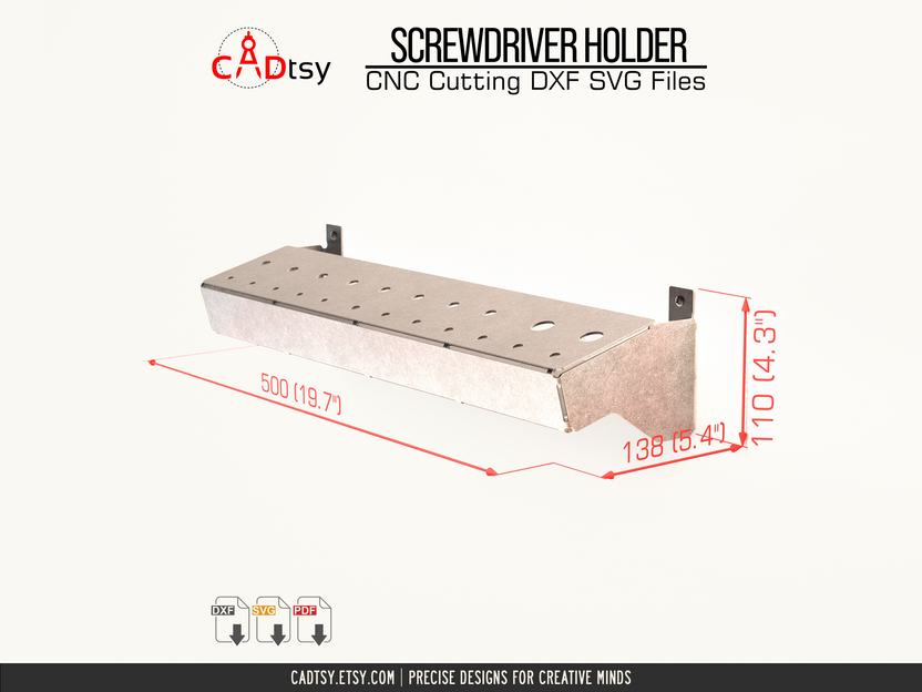 Dimensioned metal screwdriver rack showing width, height, and depth