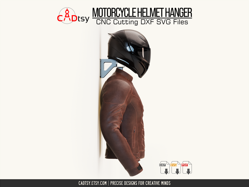 Side view of motorcycle helmet and jacket on wall-mounted holder