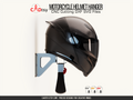 Close side view of motorcycle helmet resting on metal wall mount