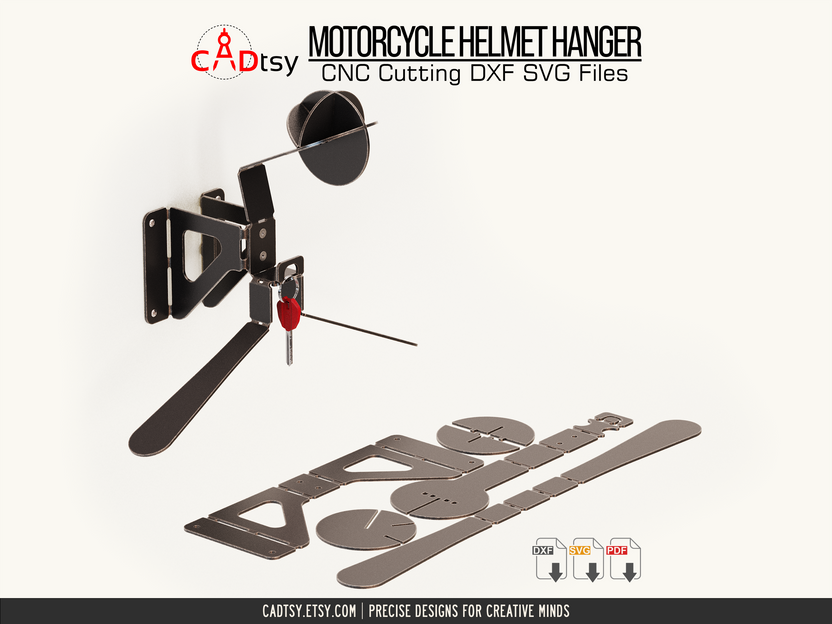 Assembled motorcycle helmet holder beside CNC flat cut parts