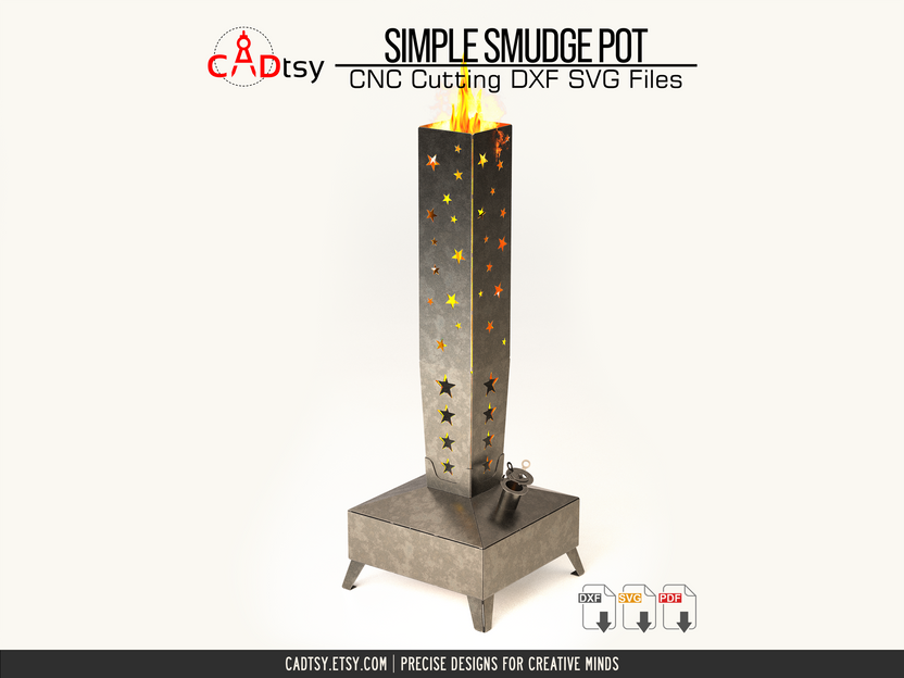 Angled view of metal smudge pot and perforated chimney