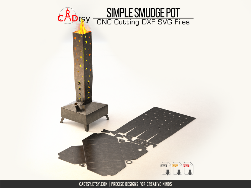 Assembled smudge pot heater beside its flat CNC-cut plate layout