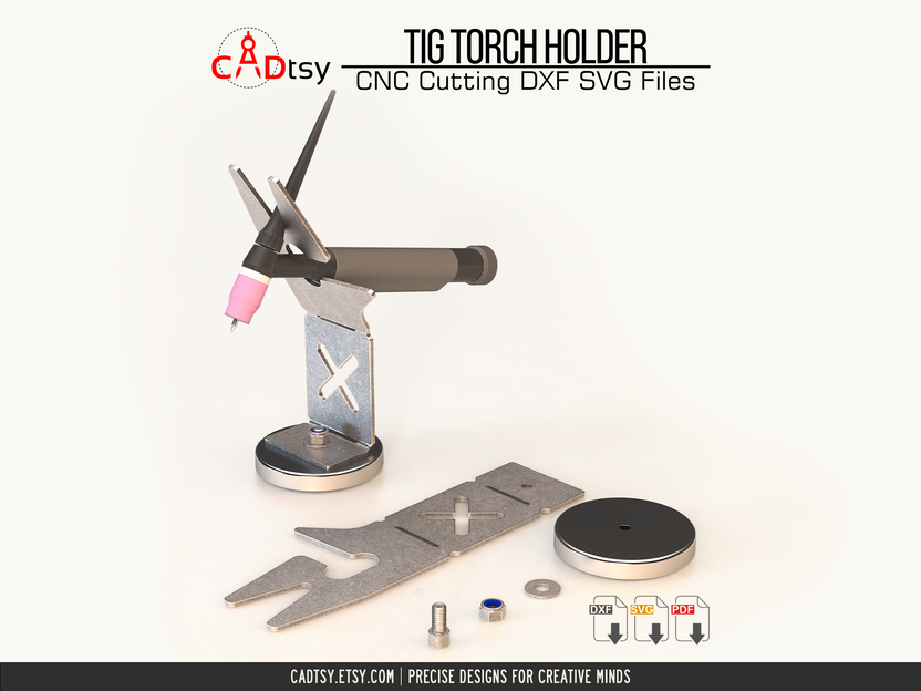 TIG torch holder beside arranged CNC-cut parts and hardware