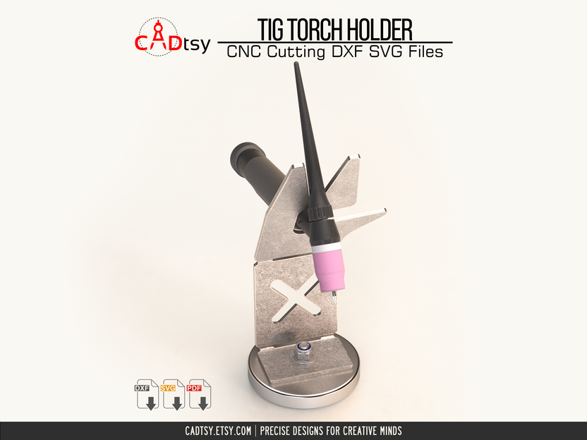 Rear view of TIG holder with torch angled across the stand