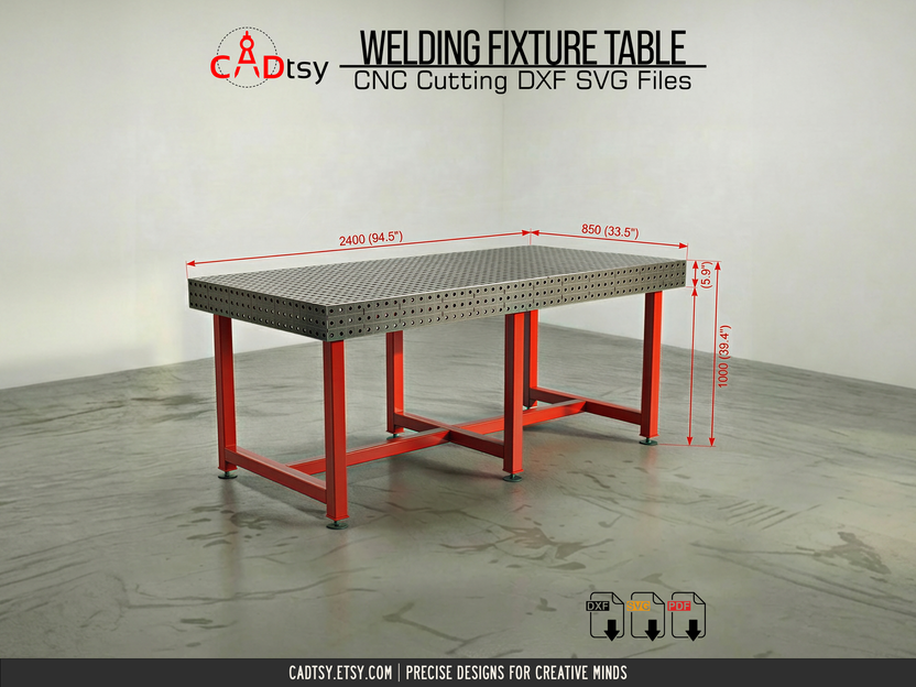 Dimensioned welding fixture table showing length, width, and height