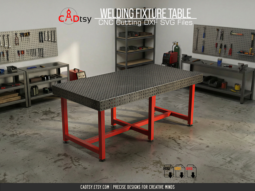 Welding fixture table shown in a workshop environment