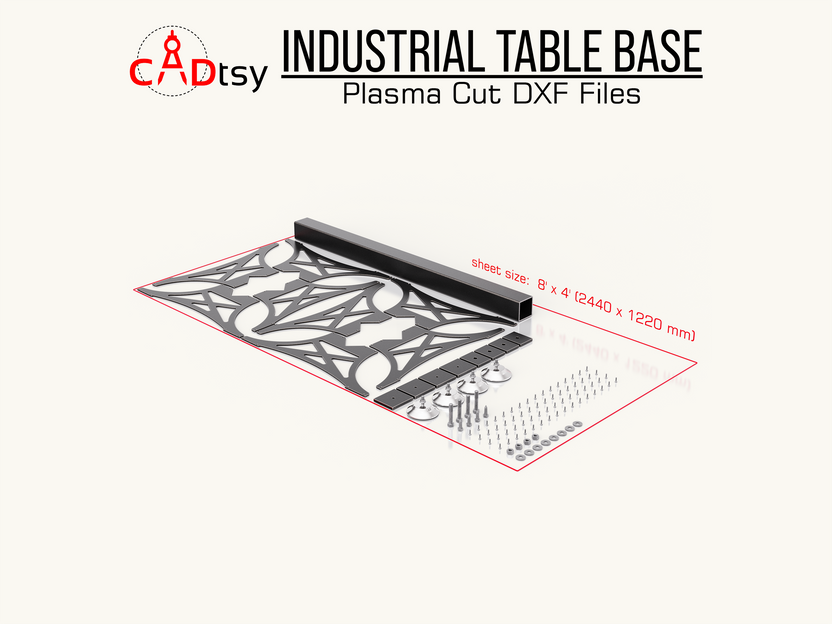 Flat steel base components and dimensioned assembly layout for the dining table