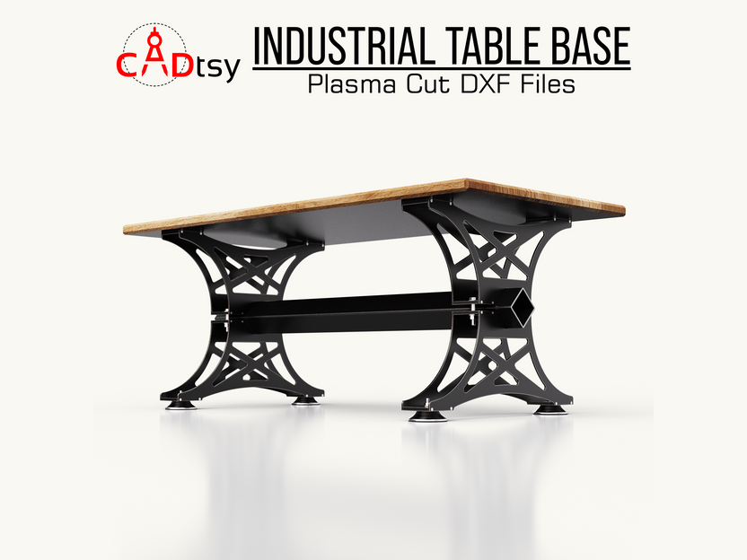 Dining table with decorative black steel base and stretcher, front view