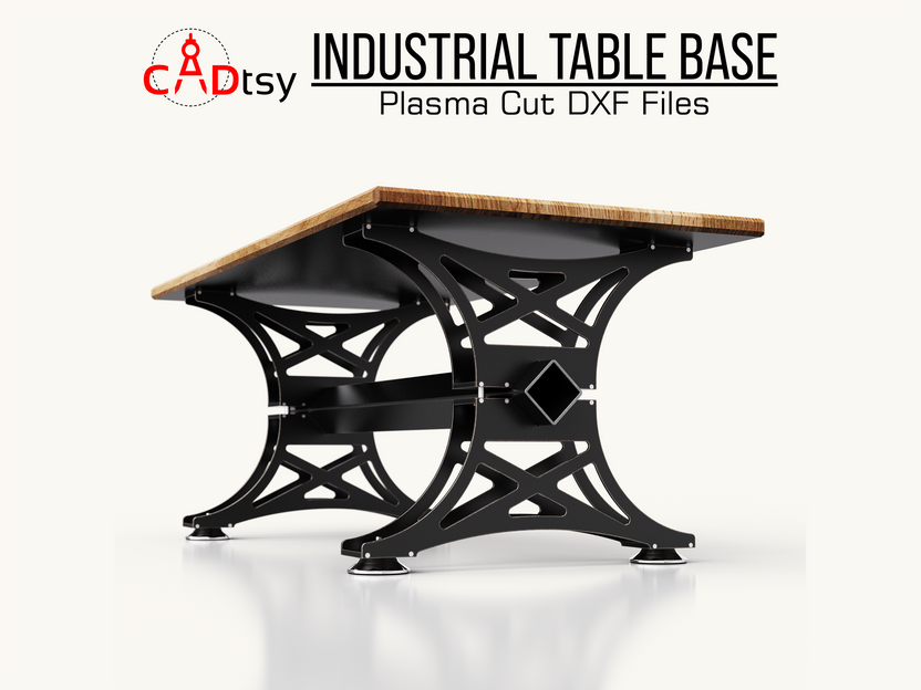 Dining table base and wood top, low side angle showing the steel frame