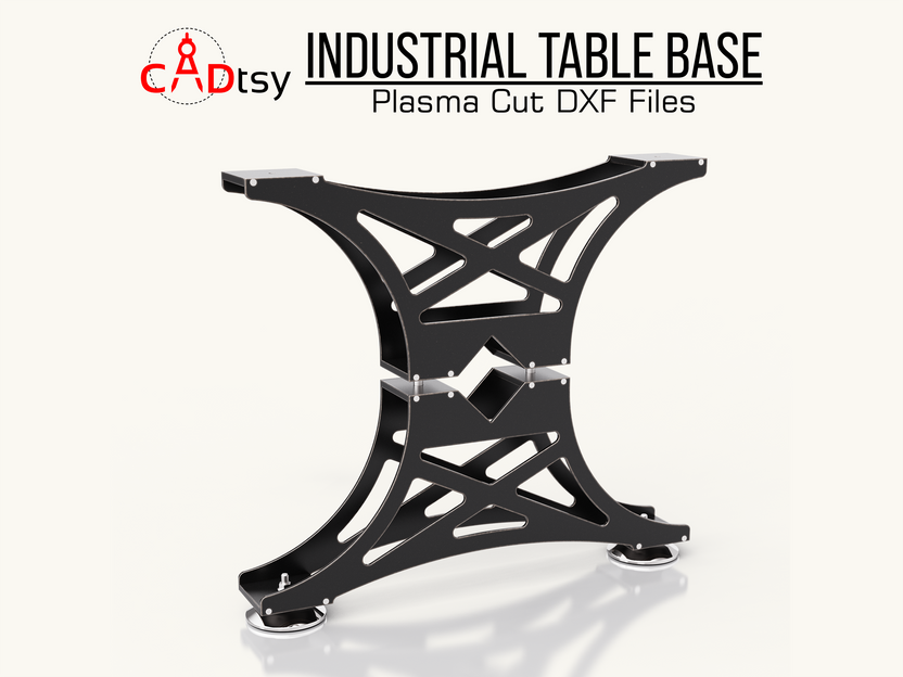 Single decorative steel table base frame with mounting plates, front view