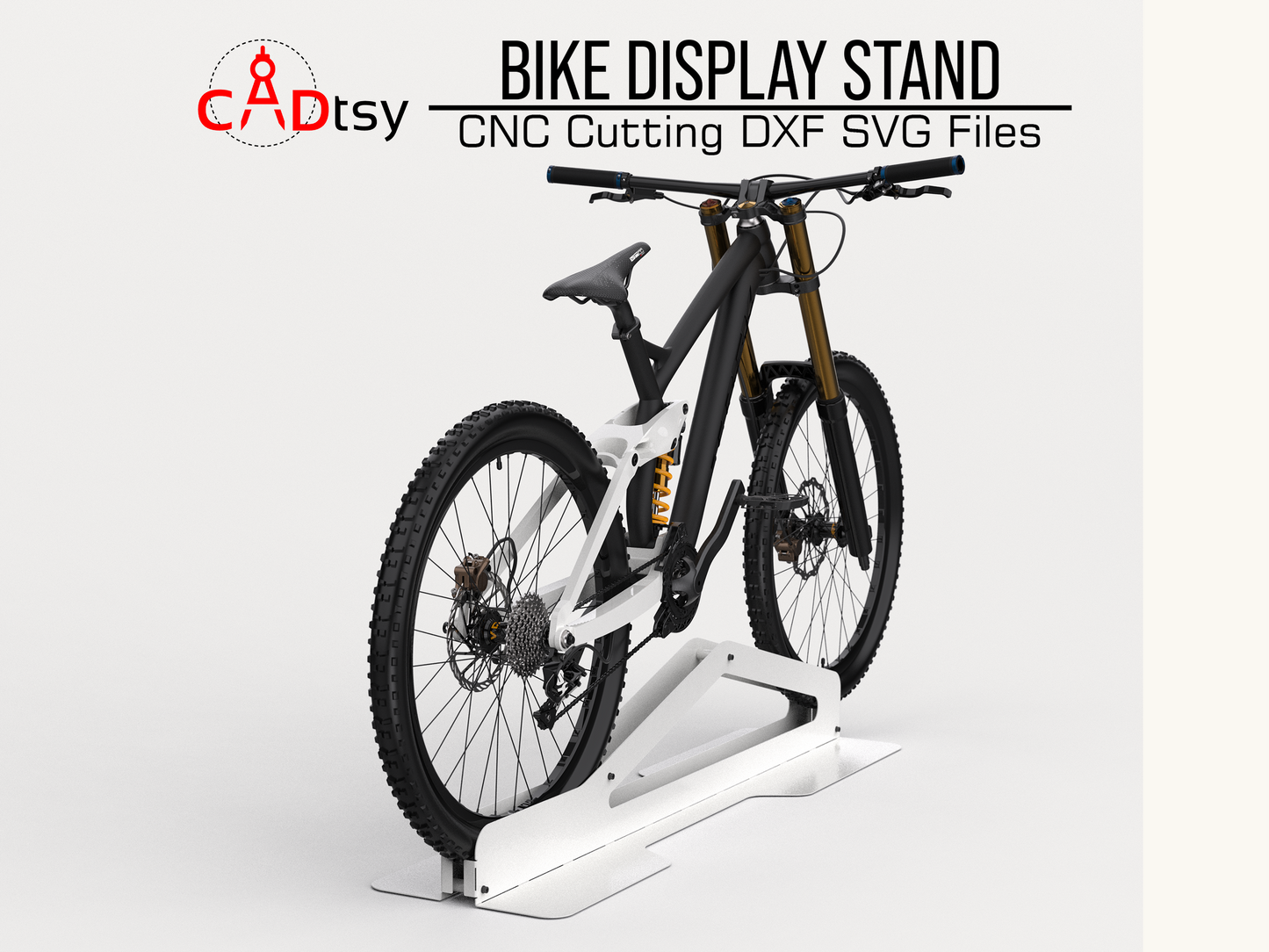 Bike Stand DXF Plasma Cutting CNC Files - A high-quality CNC and plasma cutting file for a metal bike display stand, perfect for showcasing mountain bikes and other bicycles in garages or shops