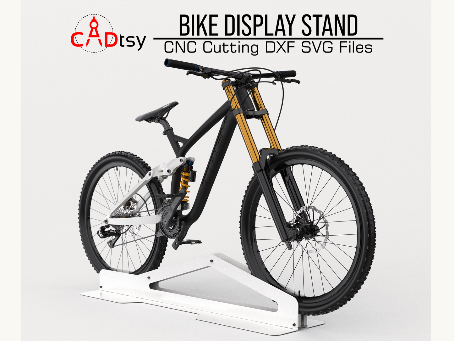 Bike Stand DXF Plasma Cutting CNC Files - A high-quality CNC and plasma cutting file for a metal bike display stand, perfect for showcasing mountain bikes and other bicycles in garages or shops