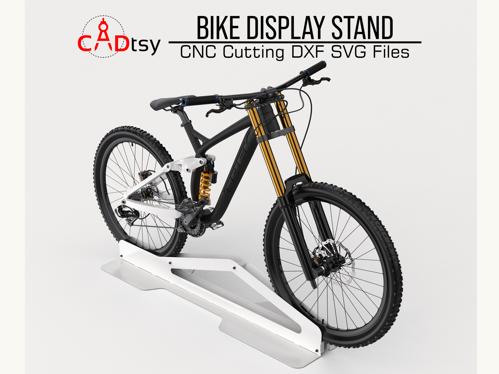 Bike Stand DXF Plasma Cutting CNC Files - A high-quality CNC and plasma cutting file for a metal bike display stand, perfect for showcasing mountain bikes and other bicycles in garages or shops