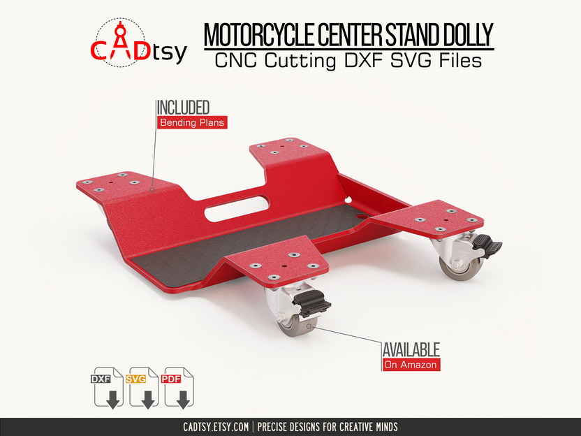 Motorcycle center-stand dolly with bent steel platform and four swivel casters