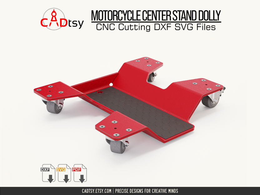 Front angled view of red motorcycle center-stand dolly