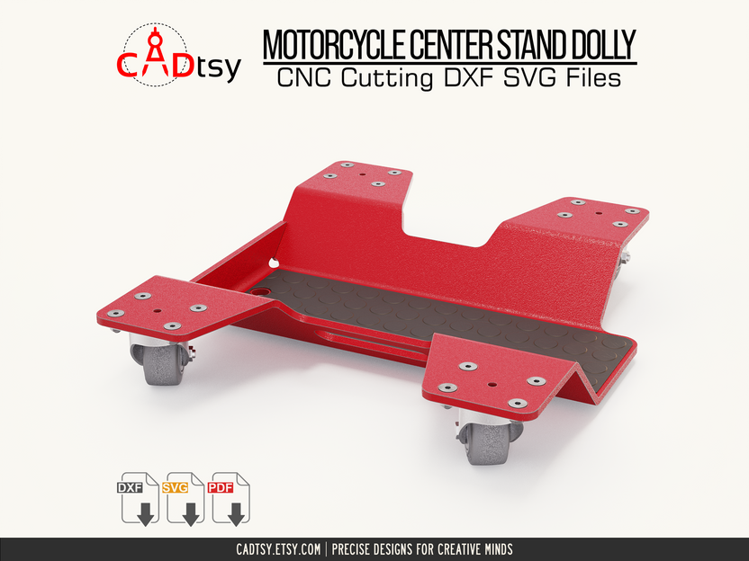 Rear angled view of center-stand dolly with caster mounting plates
