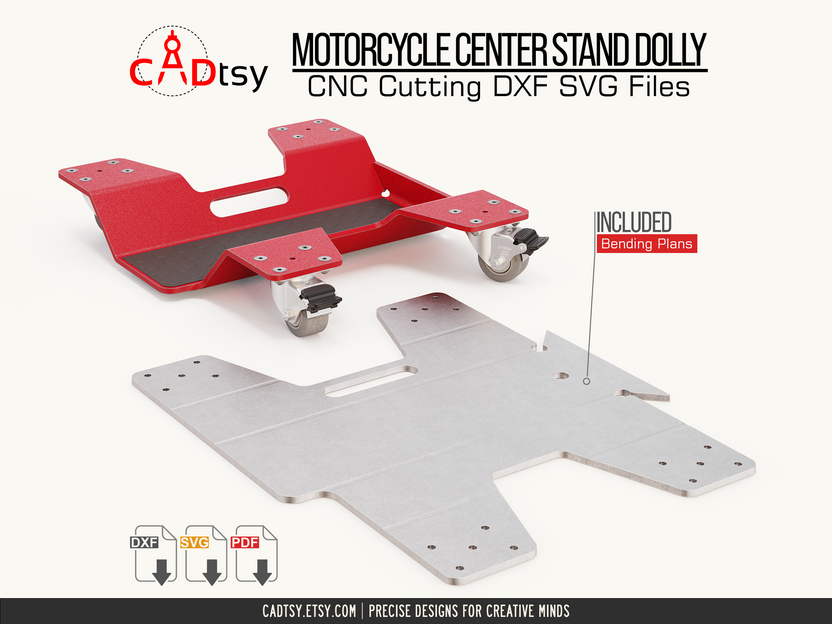 Assembled motorcycle dolly beside its flat CNC-cut steel pattern