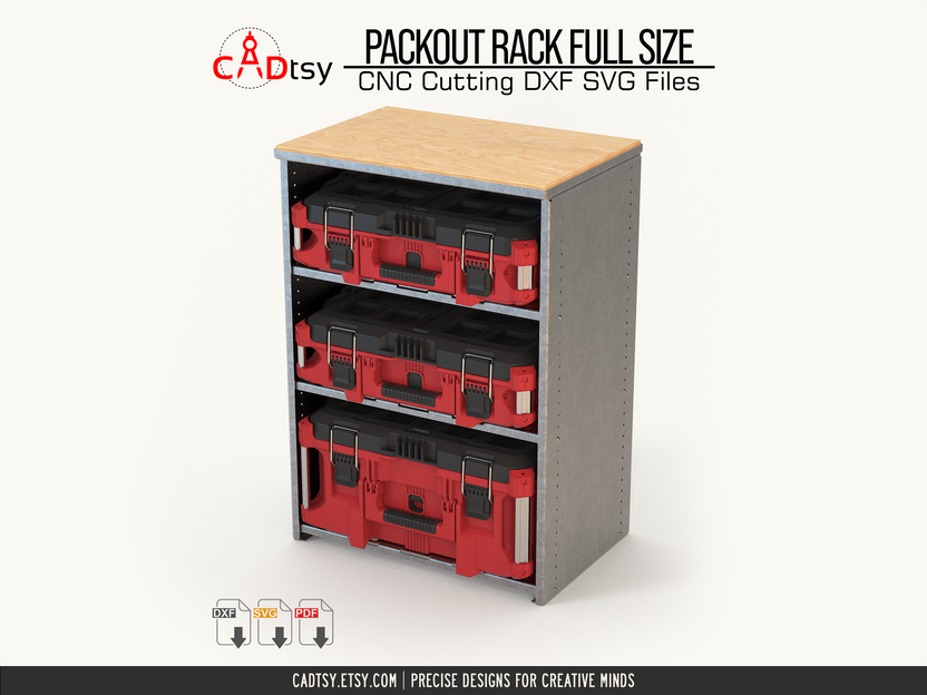 Packout-compatible metal rack with flush wood worktop and stacked tool cases
