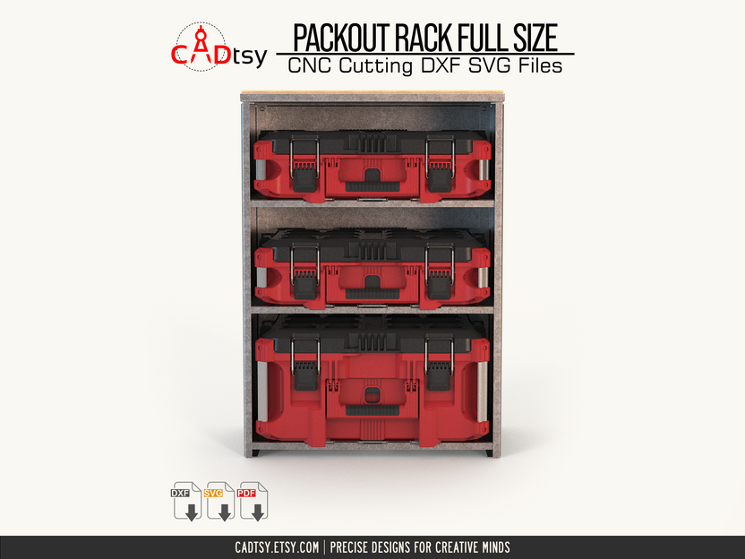 Front view of Packout-compatible rack with three tool-case shelves