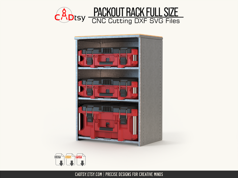 Angled view of metal modular tool rack with stacked tool cases