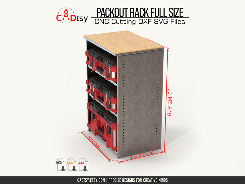 Dimensioned Packout-compatible rack with flush worktop layout