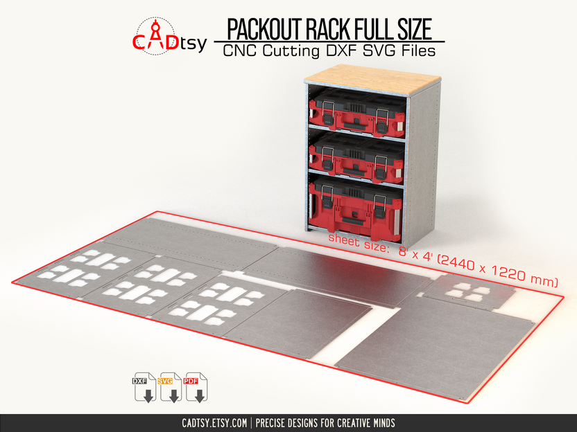 Packout-compatible rack beside 4 x 8 foot CNC cutting layout