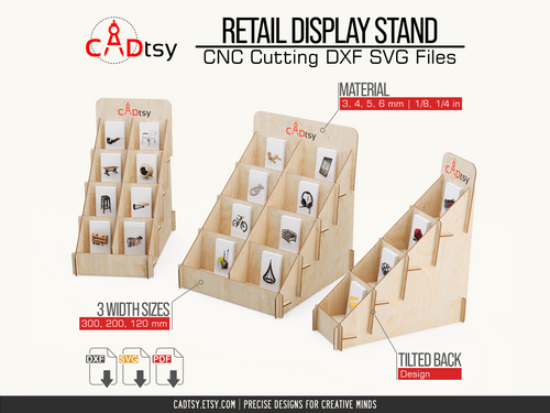 Three sizes of four-tier craft display stand with supported material thicknesses