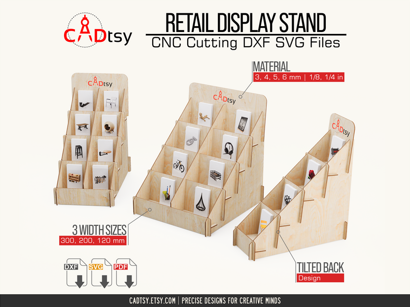 Three sizes of four-tier craft display stand with supported material thicknesses