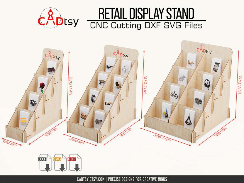 Dimensioned small, medium, and large four-tier craft display stands