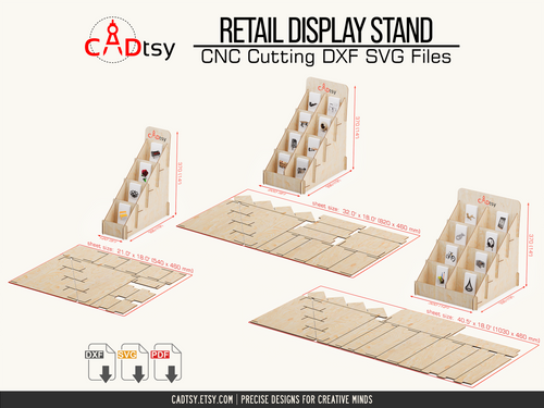 Flat cutting layouts beside assembled craft display stand sizes