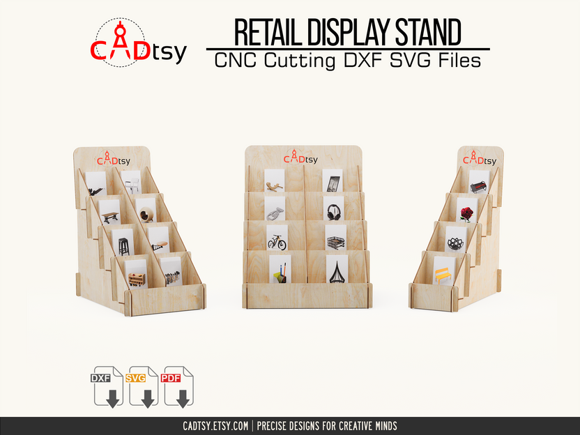 Front and side views of three laser-cut craft display stand sizes