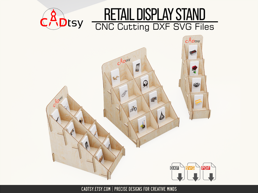 Angled views showing the tiered compartments of the display stands