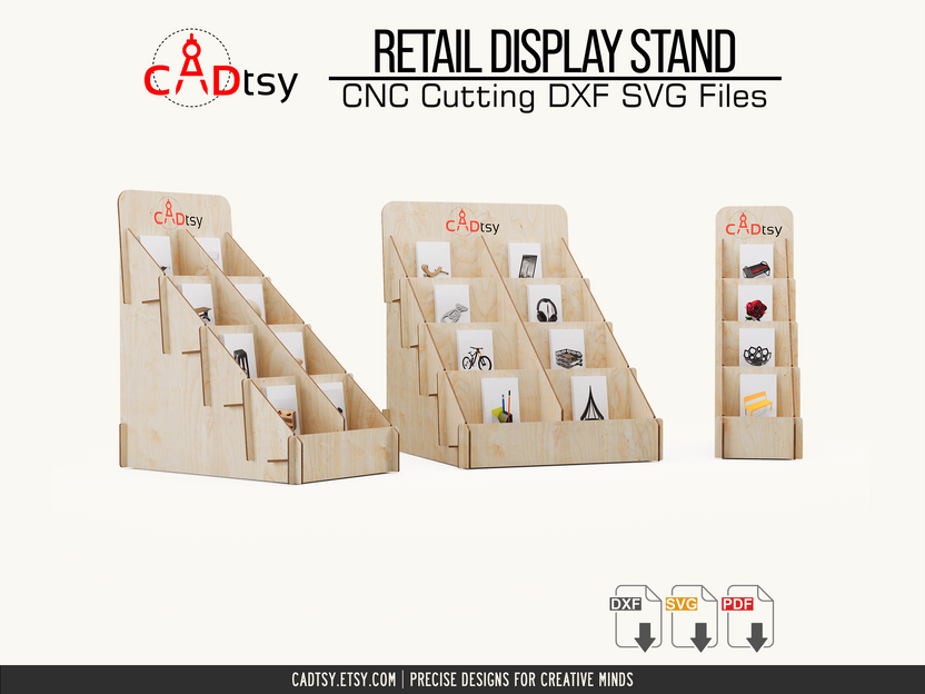 Side, front, and end views of the three craft display stand widths