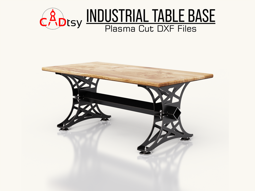 Dining table with decorative black steel base and wood top, front angle