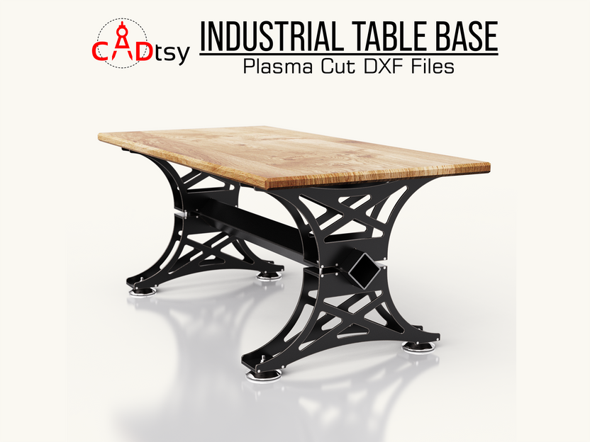 Dining table with decorative black steel base, opposite three-quarter view