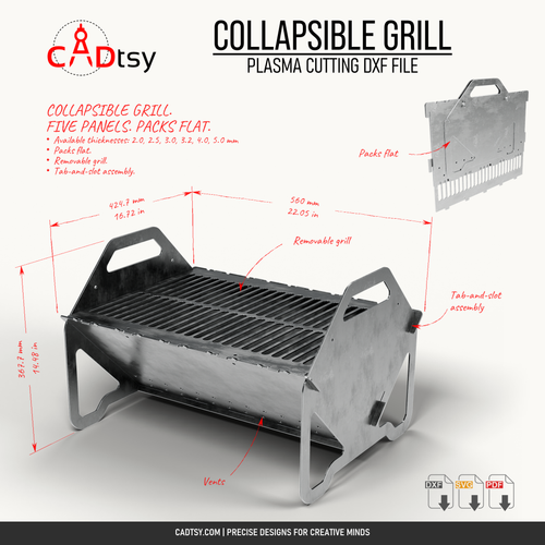 Collapsible grill dimensions for the 3 mm design: 560 by 424.7 by 367.7 mm, with a packed view and six included steel thicknesses.