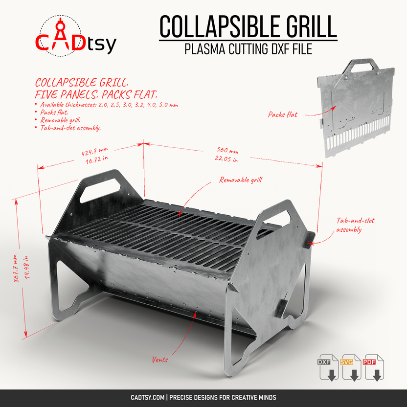 Collapsible grill dimensions for the 3 mm design: 560 by 424.7 by 367.7 mm, with a packed view and six included steel thicknesses.
