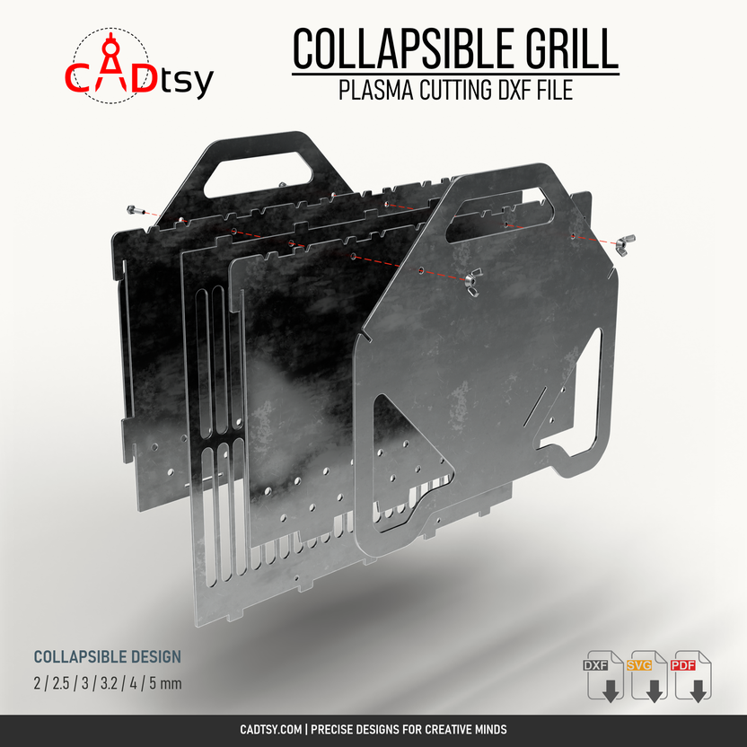 Exploded packing view of the grill panels, bolts and wing nuts, with red lines showing the stacking direction.
