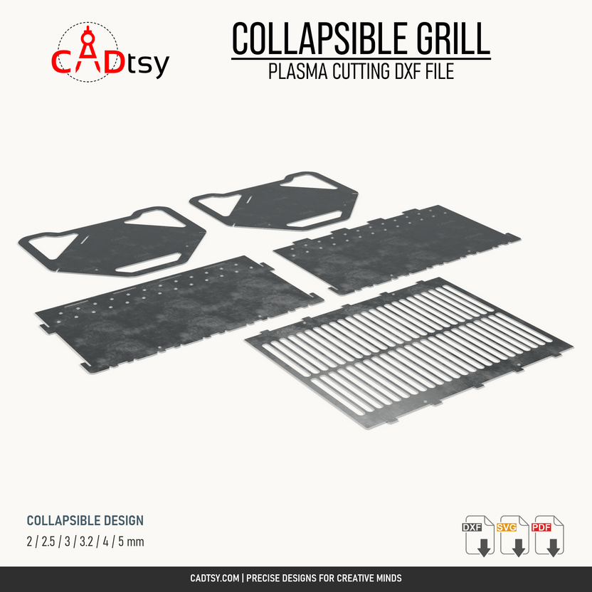 Flat layout of the collapsible grill components: two side panels, two firebox plates and one cooking grate.