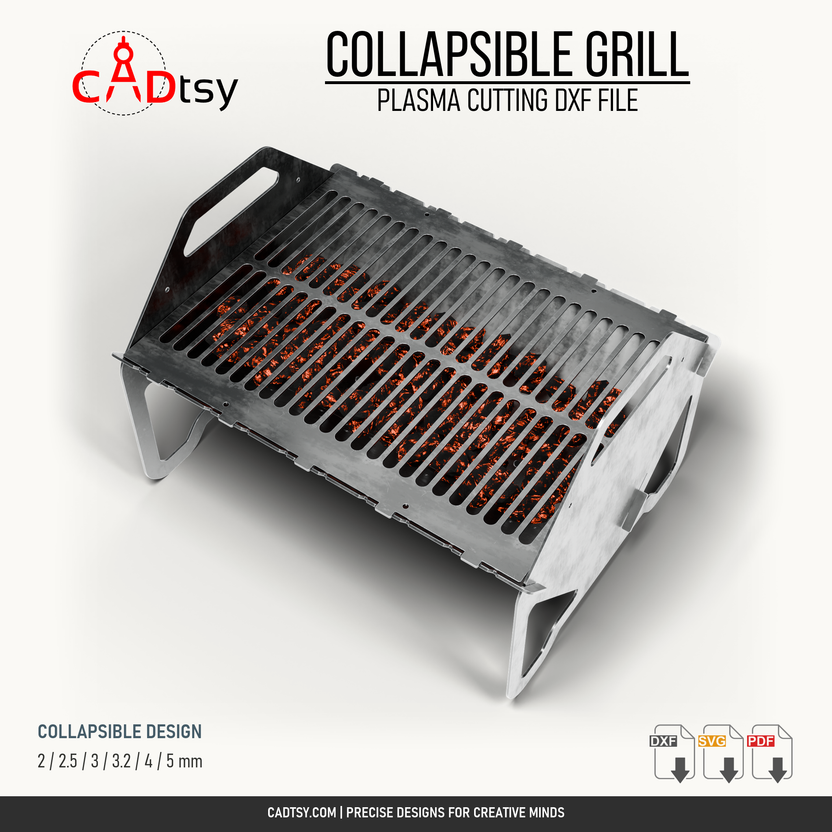 Assembled collapsible steel grill fire pit viewed from above at an angle, showing the slotted cooking grate and side handles.