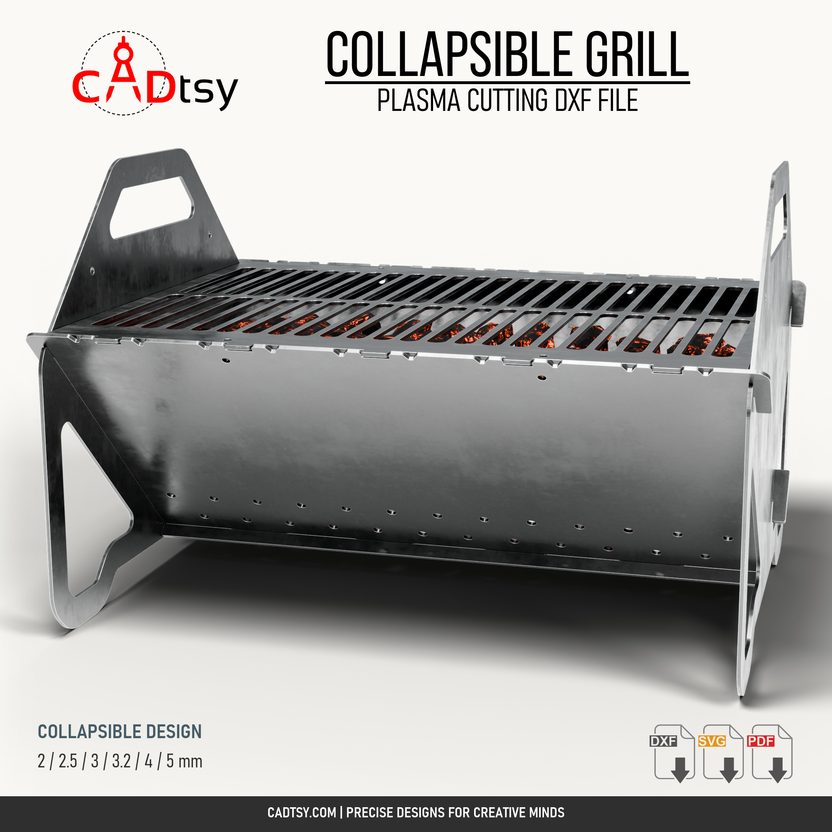 Near-front view of the assembled steel grill, with the cooking grate spanning the interlocking firebox panels.
