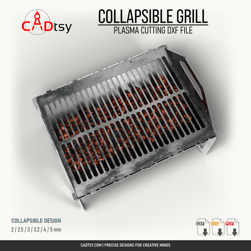 High view of the collapsible grill showing the cooking-grate slots and rectangular firebox.