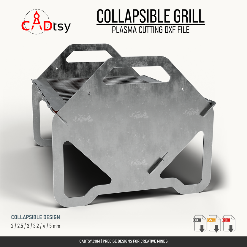 Right-side angled view of the collapsible grill, showing the handle panel, legs and cooking grate.