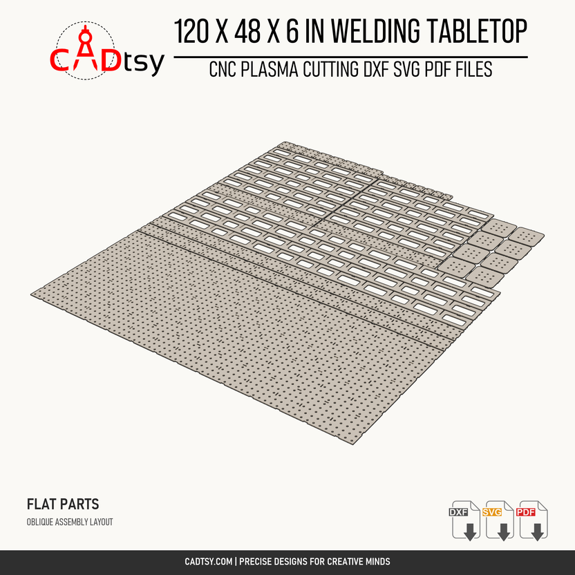 Oblique arrangement of the 120 x 48 x 6-inch tabletop components and flange plates; illustrative layout, not a sheet nest.