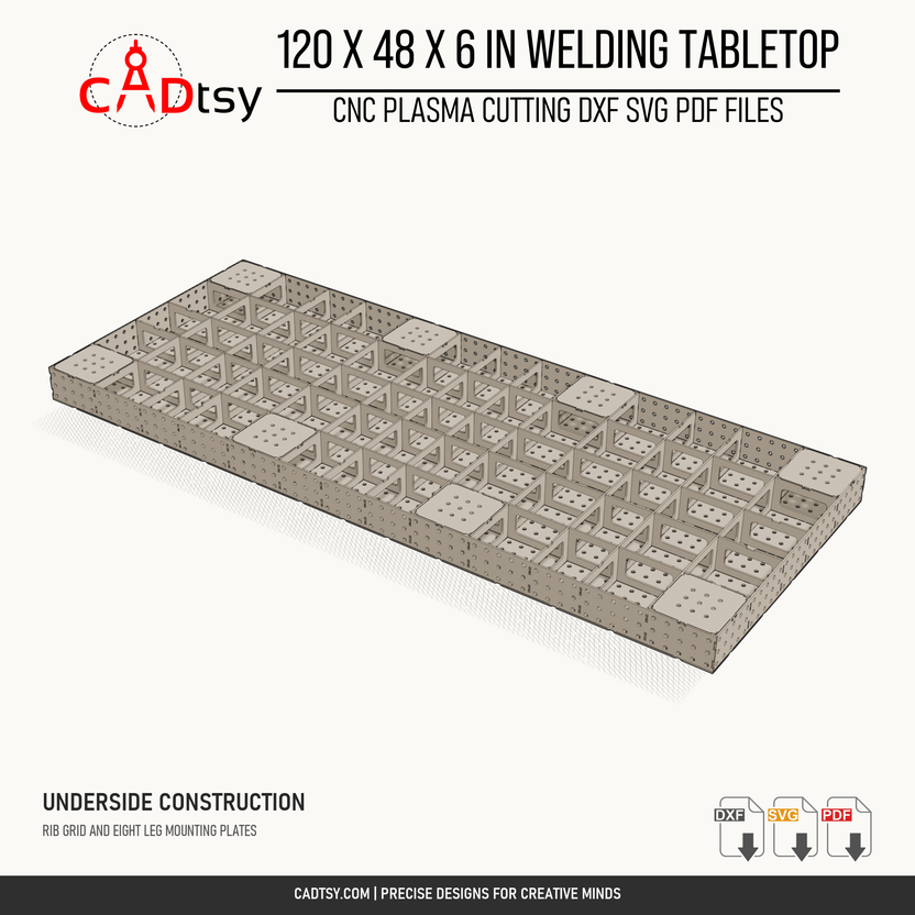 Underside of the 120 x 48 x 6-inch welding tabletop showing support ribs and eight leg mounting plates.