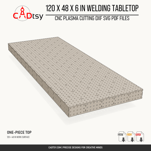 End-angle render of the one-piece 120 x 48-inch welding tabletop with 6-inch sides.