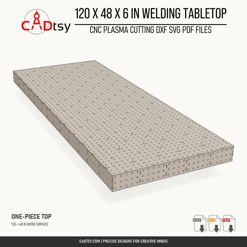 End-angle render of the one-piece 120 x 48-inch welding tabletop with 6-inch sides.